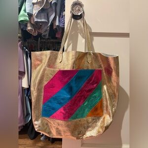 NBU Jane Marie Metallic Gold Leather Tote with Colorblock Accent - Women's Bag